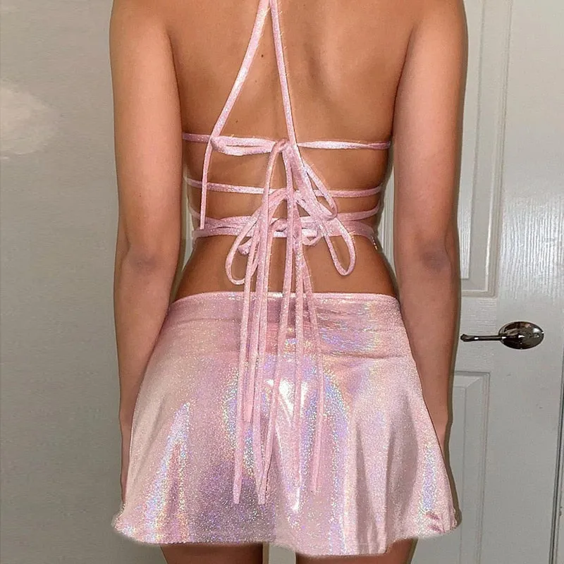 Pink Glitter Bra Top & Skirt Strappy Set