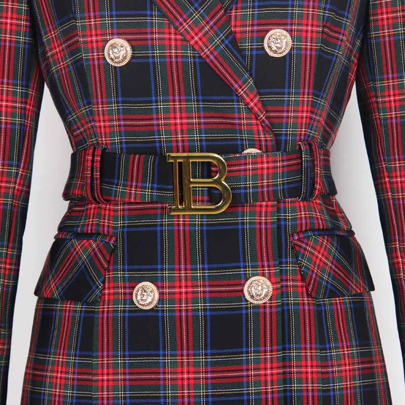 Plaid Double-Breasted Blazer Dress with Belt