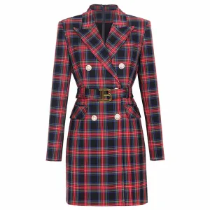 Plaid Double-Breasted Blazer Dress with Belt