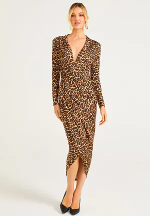 Plunge Neck Faux Wrap Print Midi Dress in Leopard