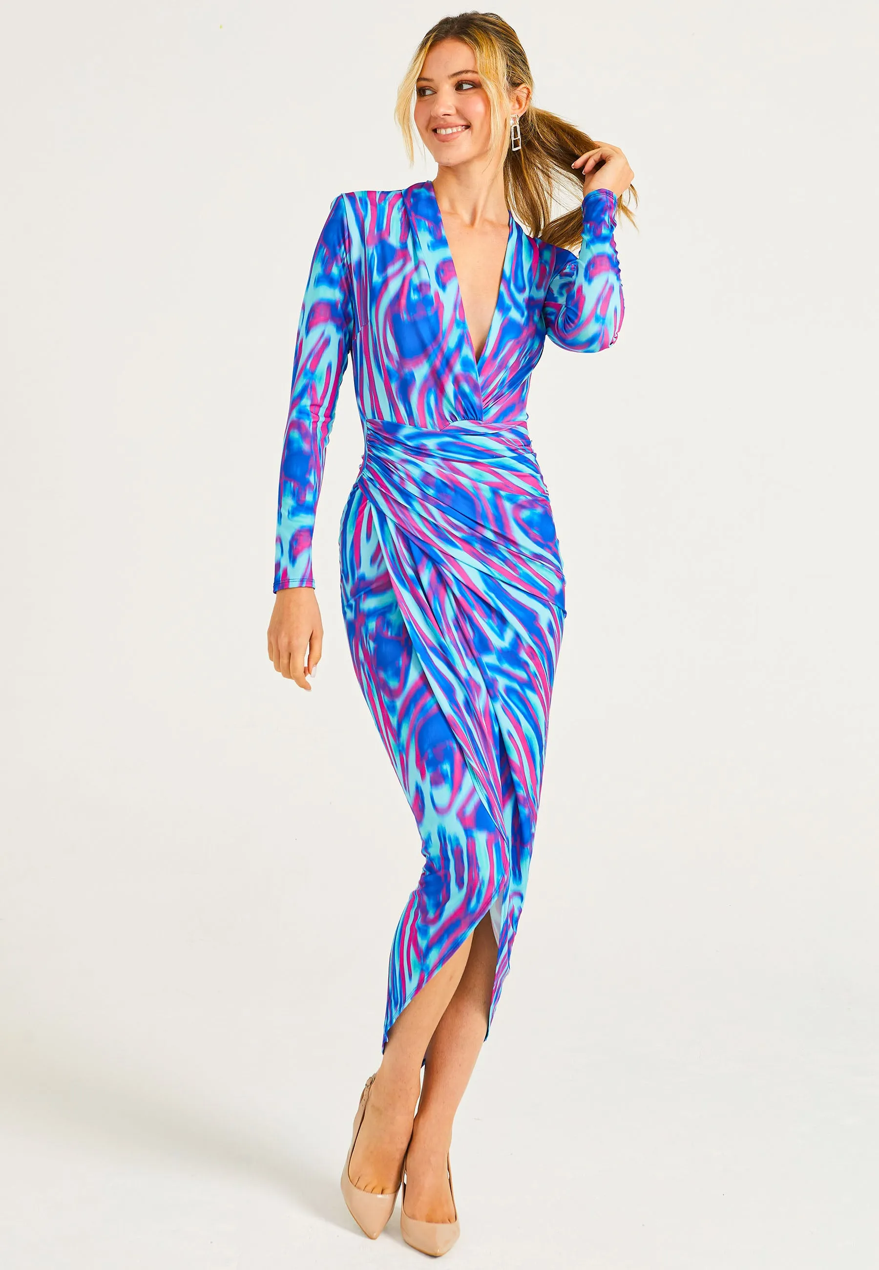 Plunge Neck Faux Wrap Print Midi Dress in Watercolour