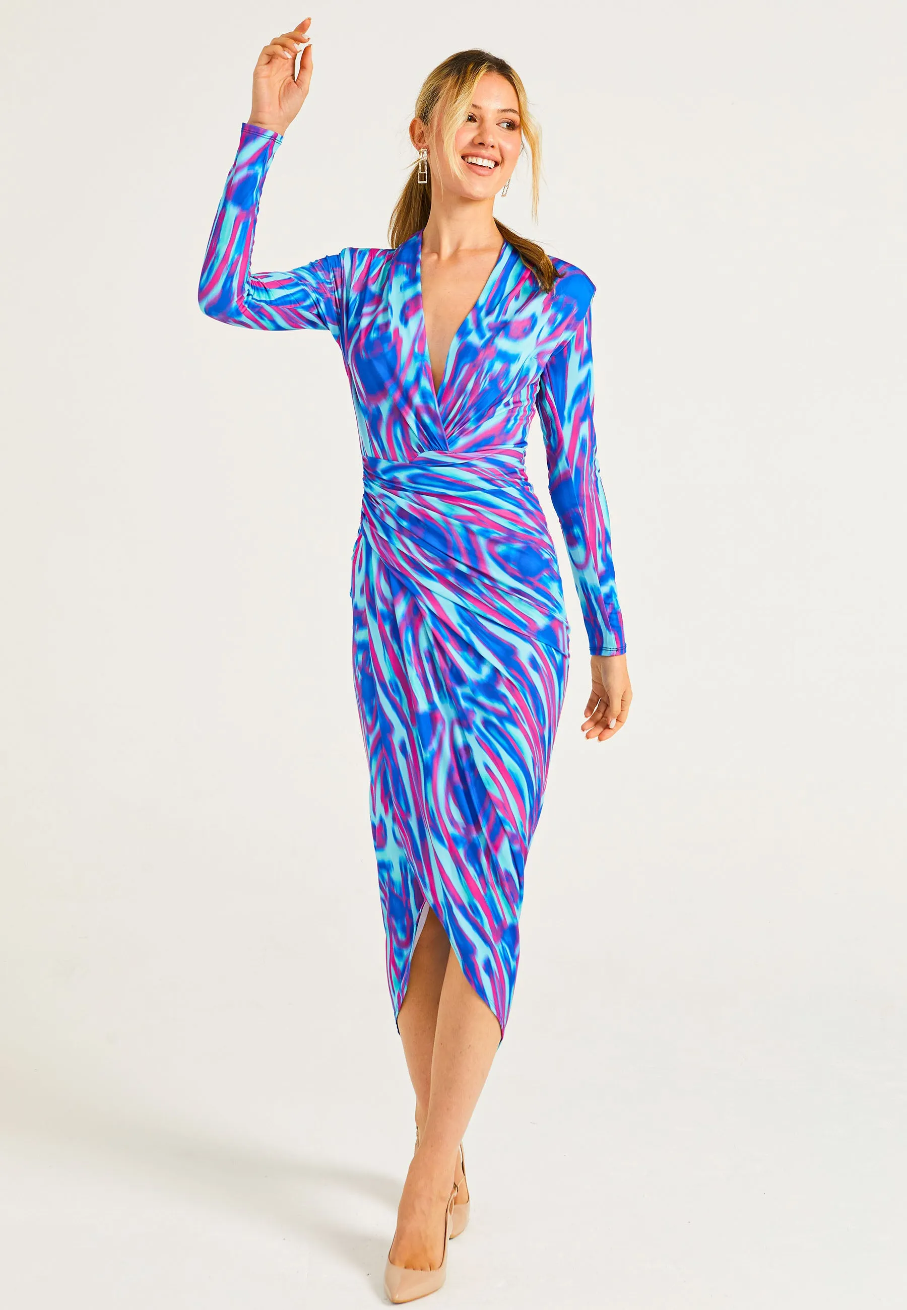 Plunge Neck Faux Wrap Print Midi Dress in Watercolour