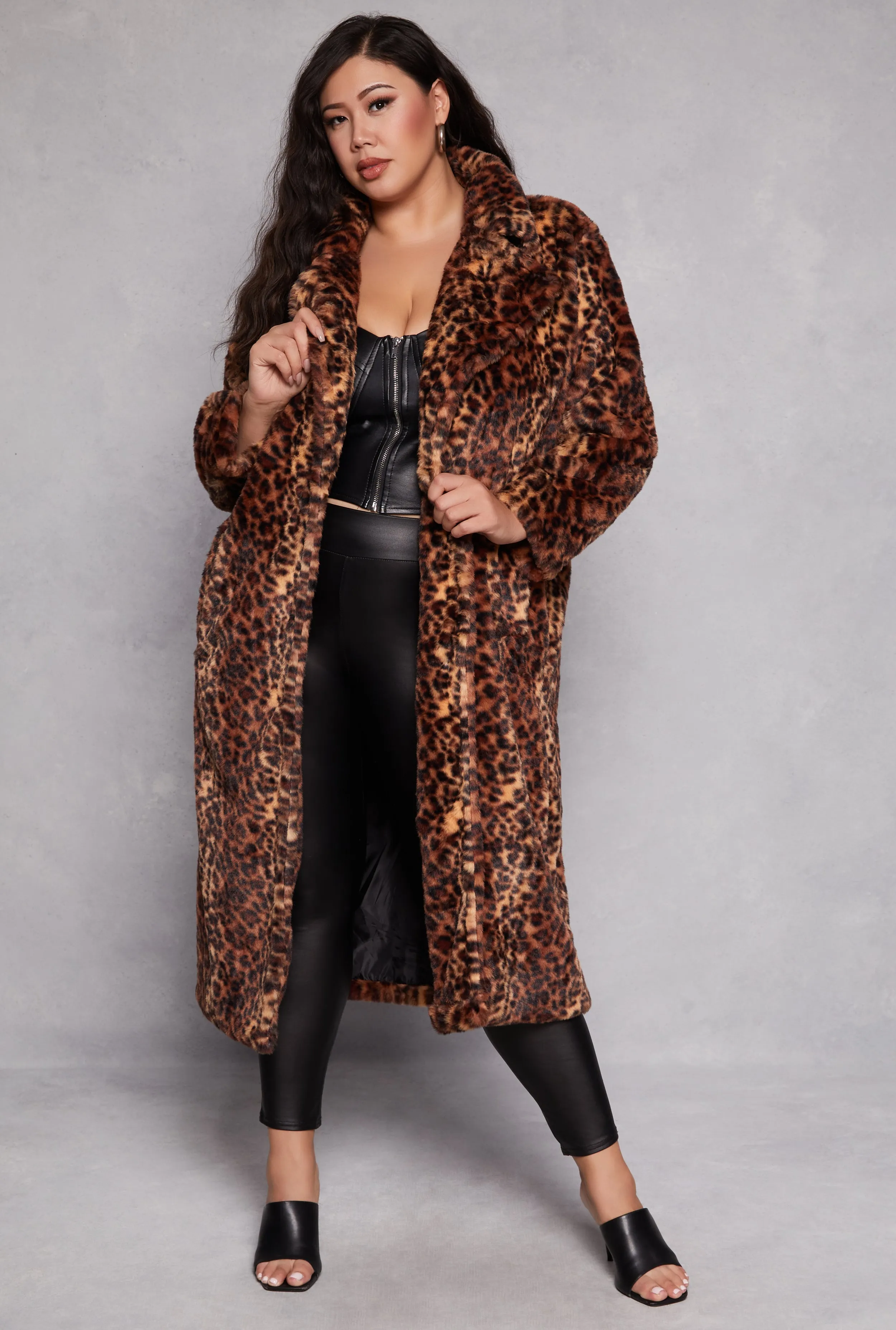 Plus Size Leopard Print Faux Fur Coat