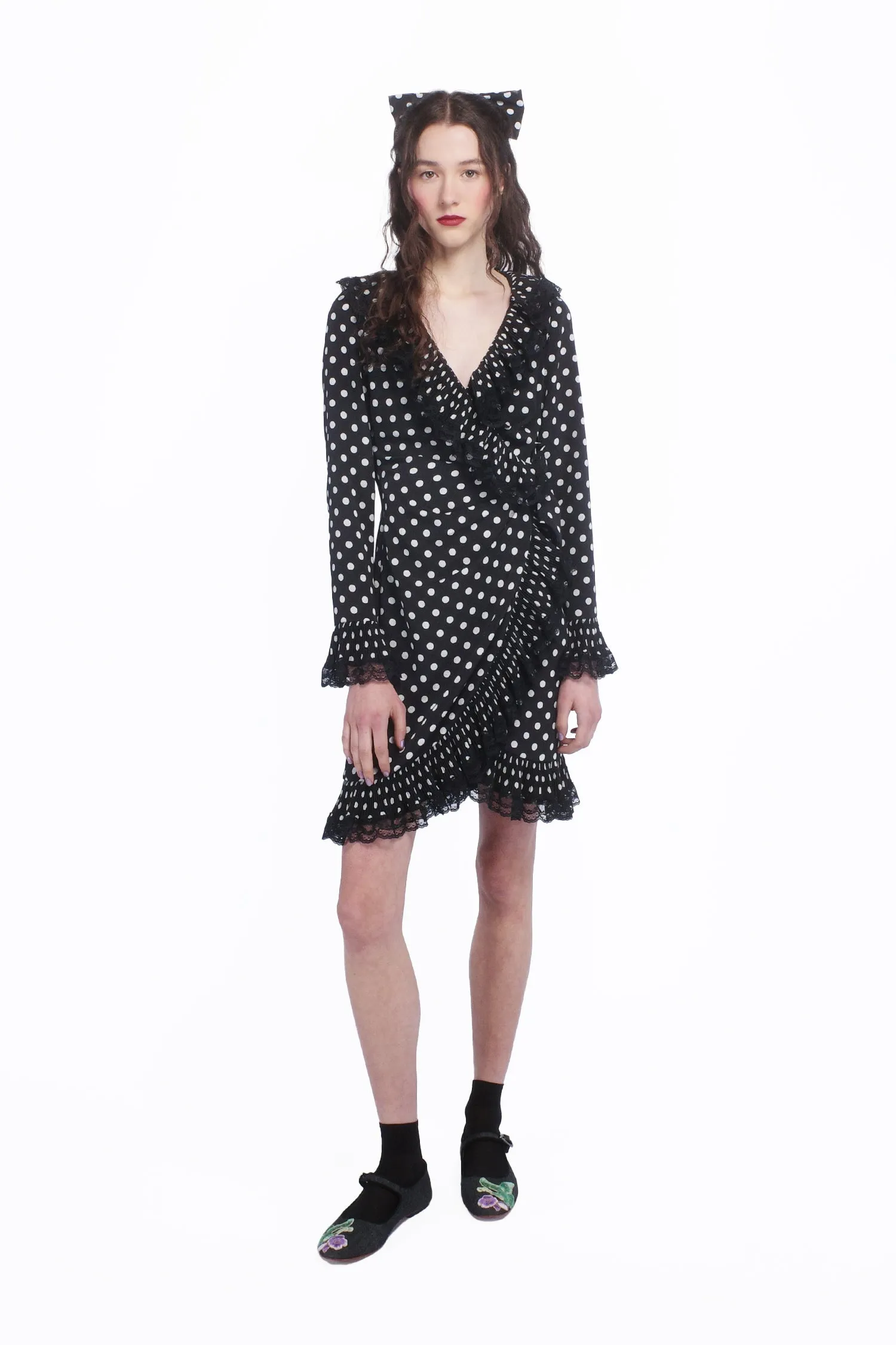 Polka Dot Pleated Wrap Dress