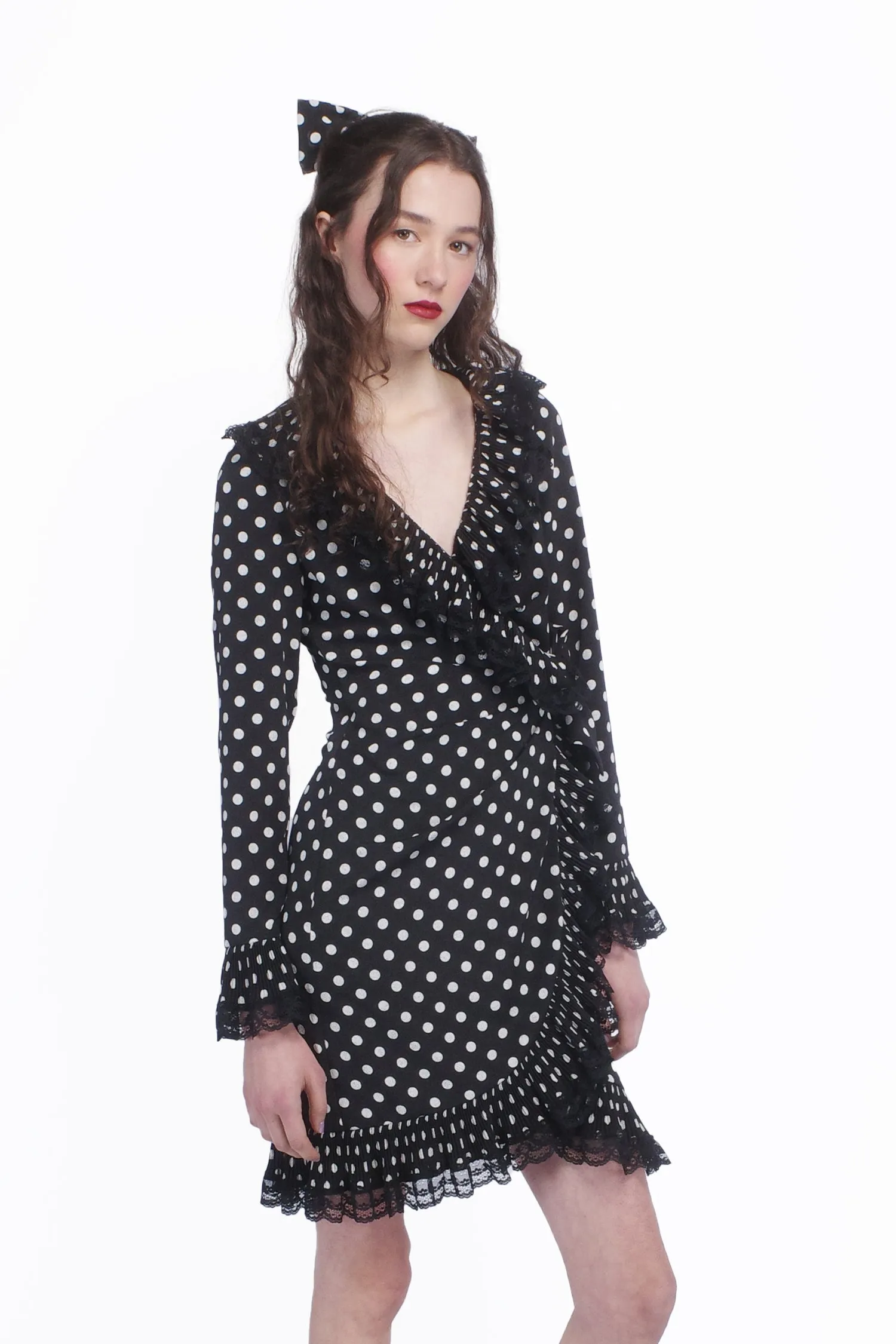 Polka Dot Pleated Wrap Dress