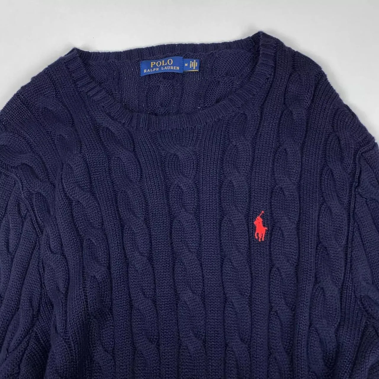 Preowned Polo Ralph Lauren Womens Cable-Knit Jumper Size M [Fit as L] Loose Navy Crewneck