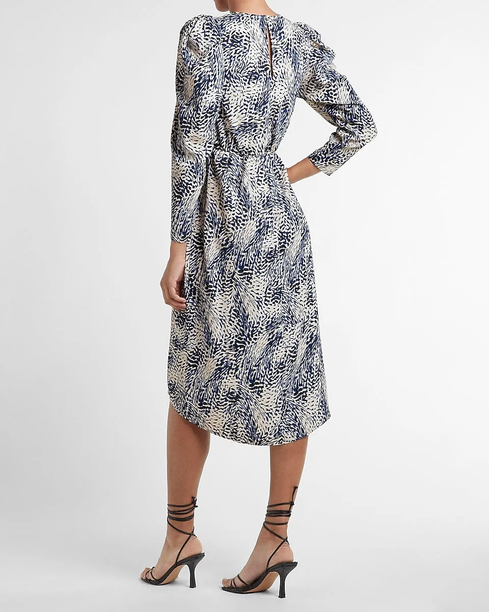 Printed Puff Sleeve Midi Dress in Blue Print