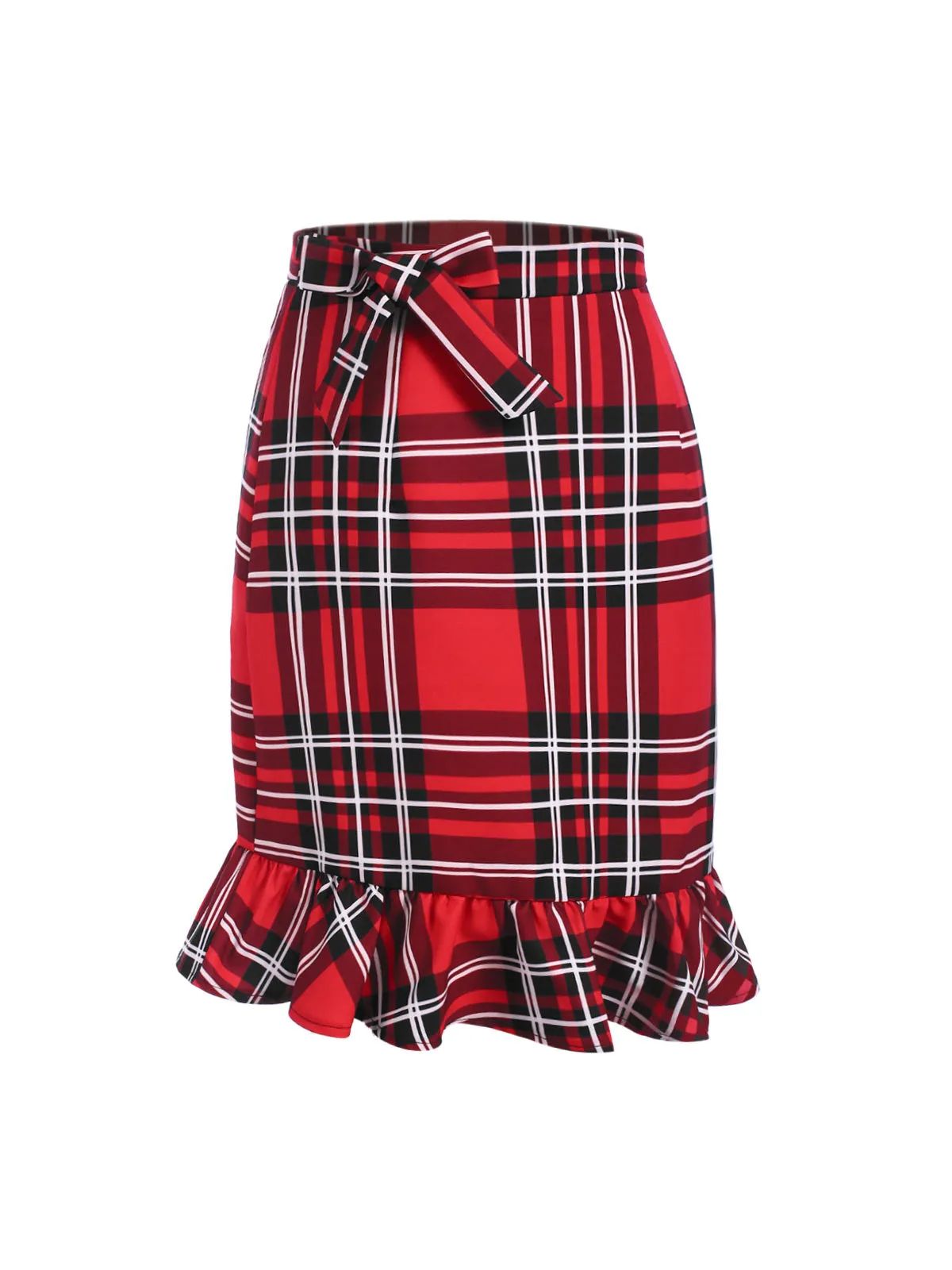 Red 1970s Tartan Plaids Bow Ruffles Skirt