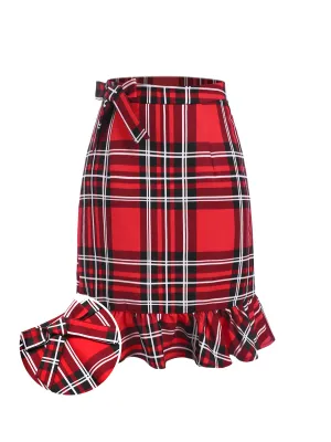 Red 1970s Tartan Plaids Bow Ruffles Skirt