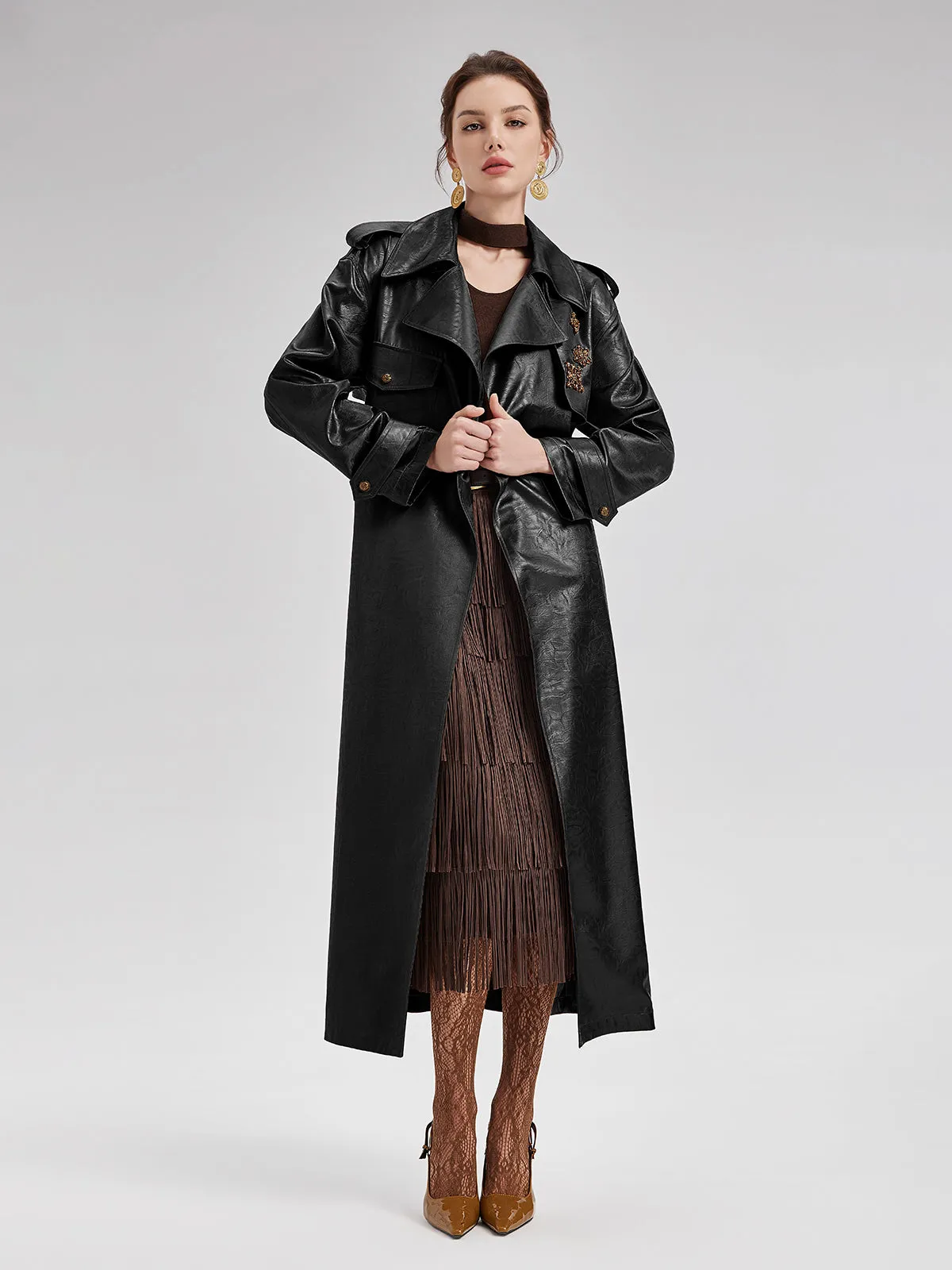 Rock Texture Beaded Trench Coat