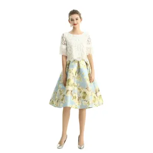 S137-2 Women metallic floral jacquard inverted pleat A-line midi skirt