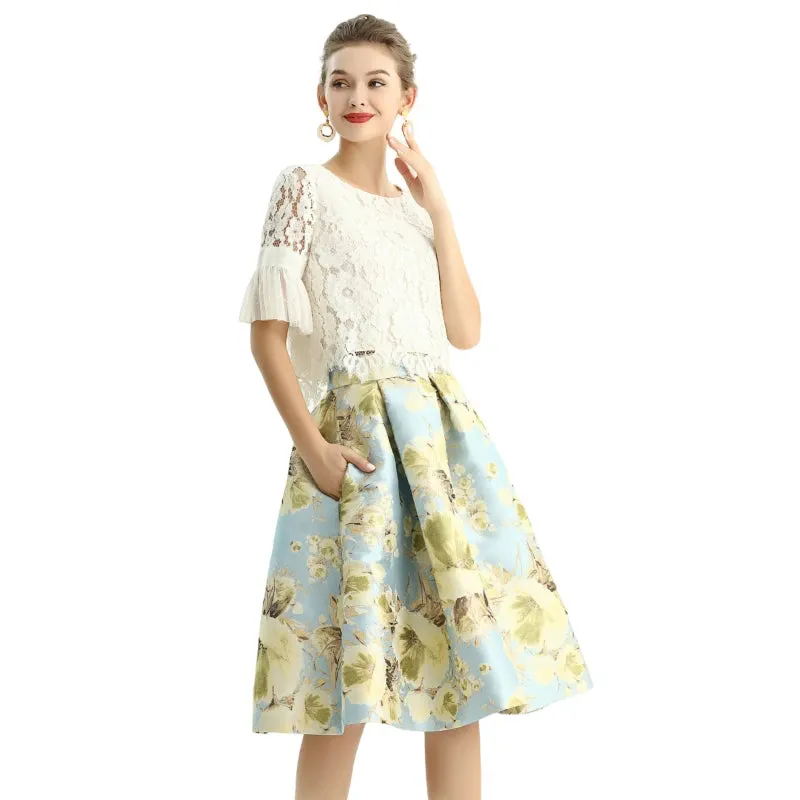 S137-2 Women metallic floral jacquard inverted pleat A-line midi skirt