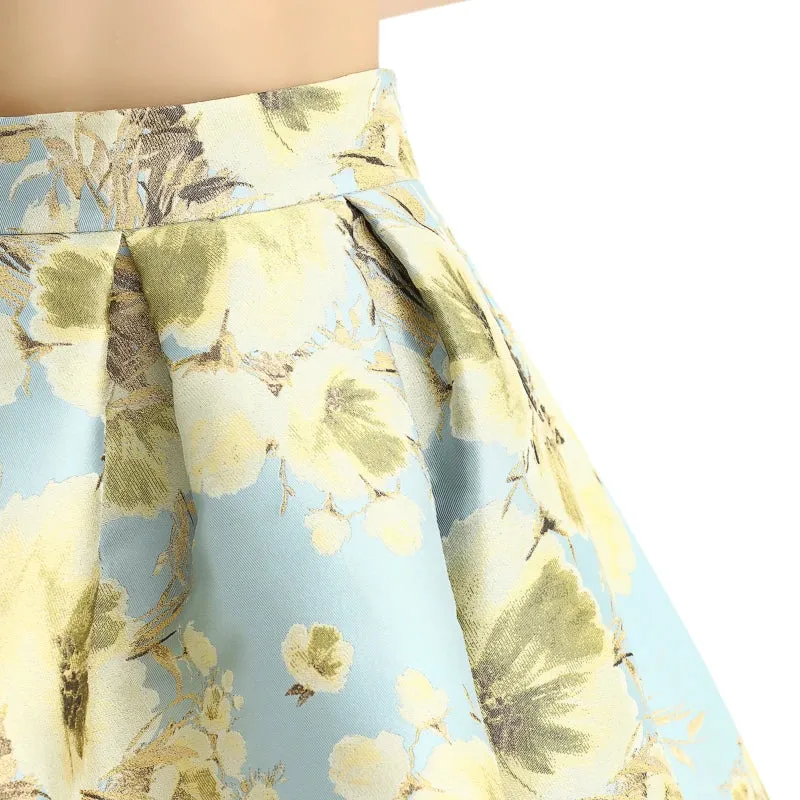 S137-2 Women metallic floral jacquard inverted pleat A-line midi skirt