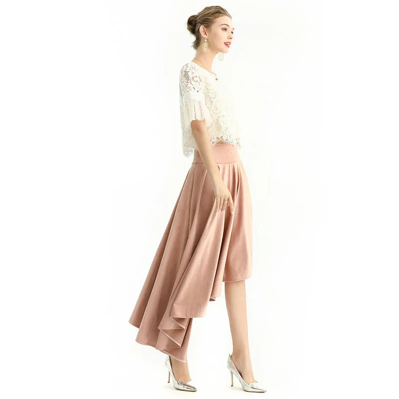 S145-1 Women faux suede wide waistband full circle high low asymmetric flare skirt