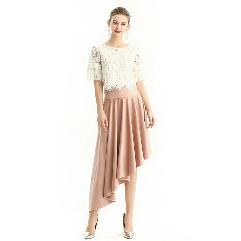 S145-1 Women faux suede wide waistband full circle high low asymmetric flare skirt