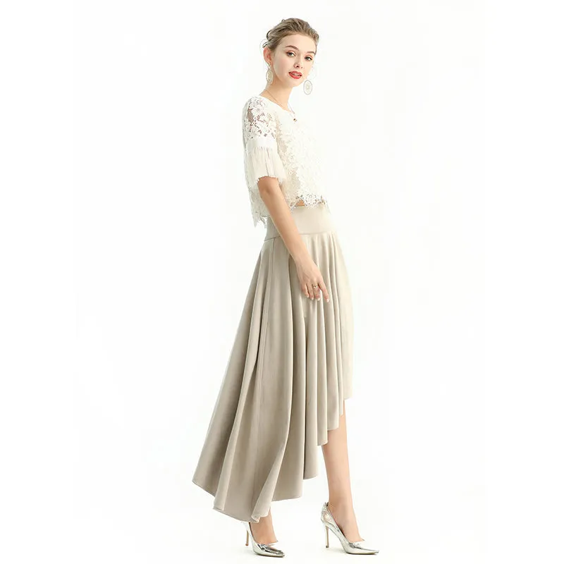 S145-1 Women faux suede wide waistband full circle high low asymmetric flare skirt