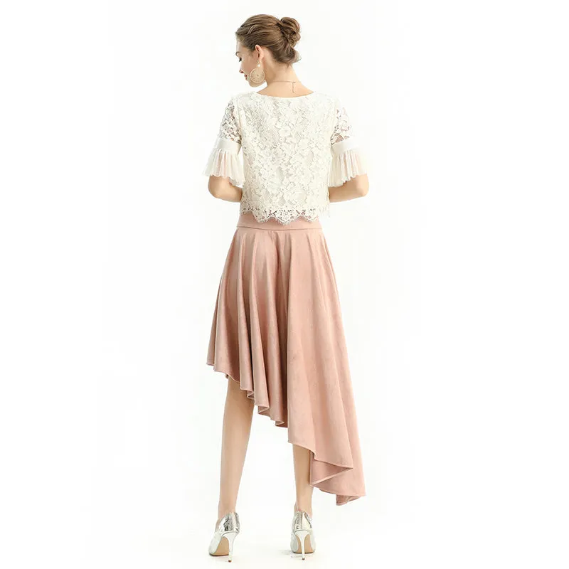 S145-1 Women faux suede wide waistband full circle high low asymmetric flare skirt