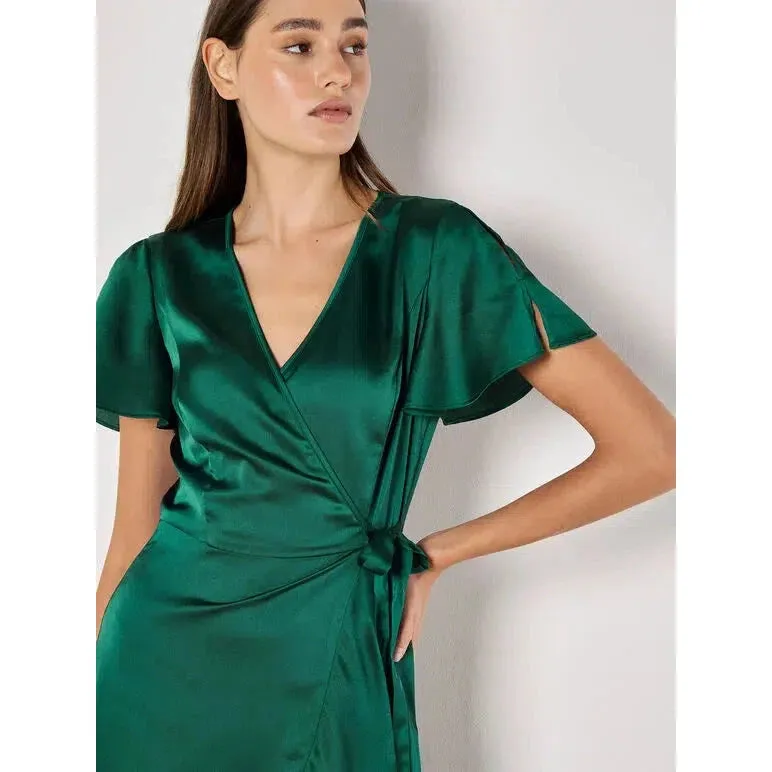 SATIN RUFFLE WRAP DRESS