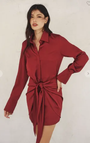 Satin Tie Waist Mini Shirt Dress