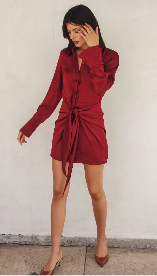 Satin Tie Waist Mini Shirt Dress