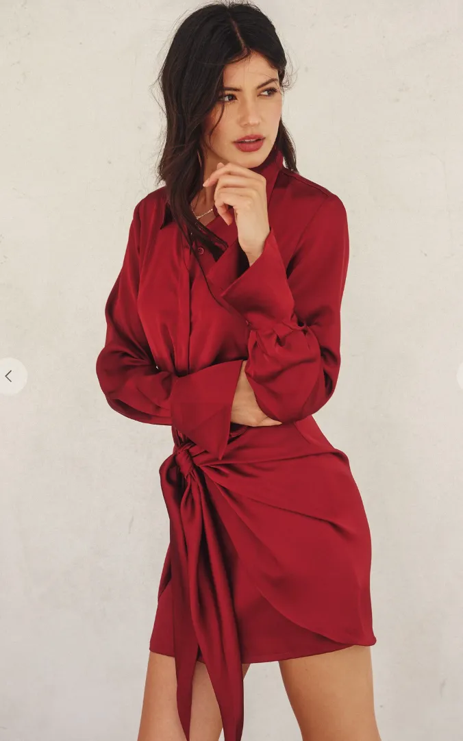 Satin Tie Waist Mini Shirt Dress