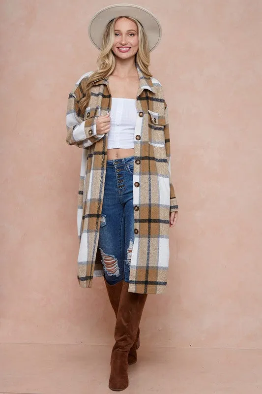 Shani Long Plaid Pattern Shacket Jacket