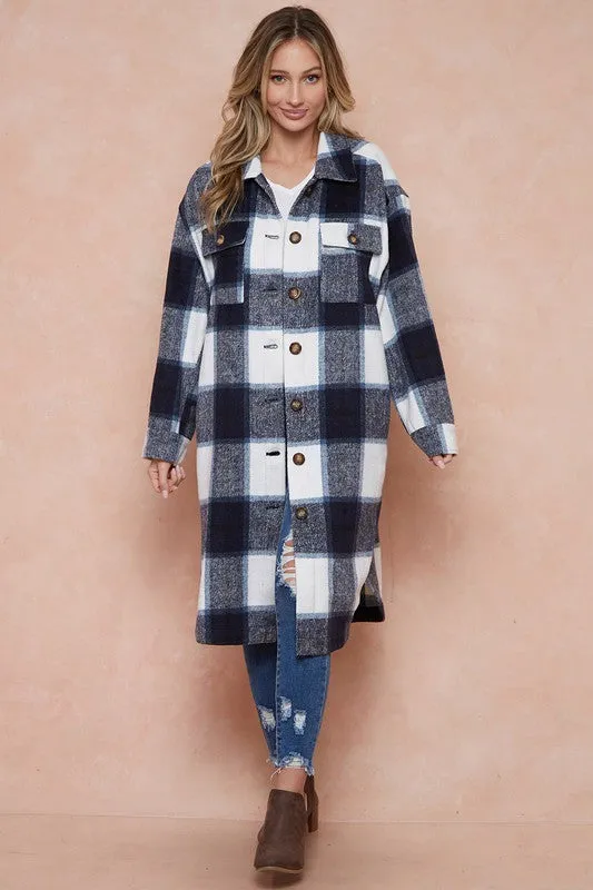 Shani Long Plaid Pattern Shacket Jacket