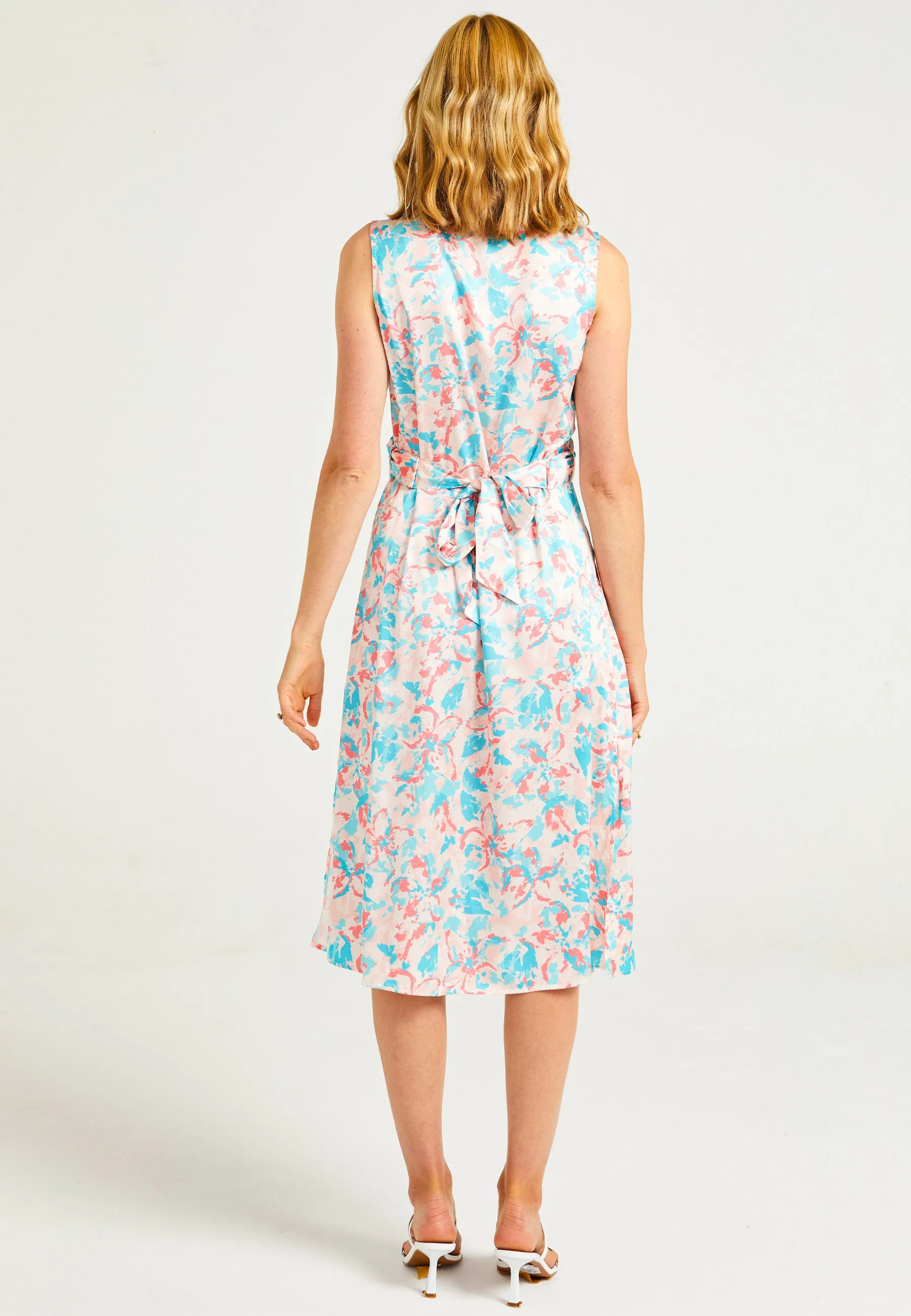 Sleeveless Collared Wrap Midi Dress in Peach Pink Floral Print