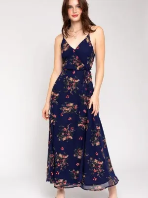 Soft Navy Floral Wrap Maxi Dress