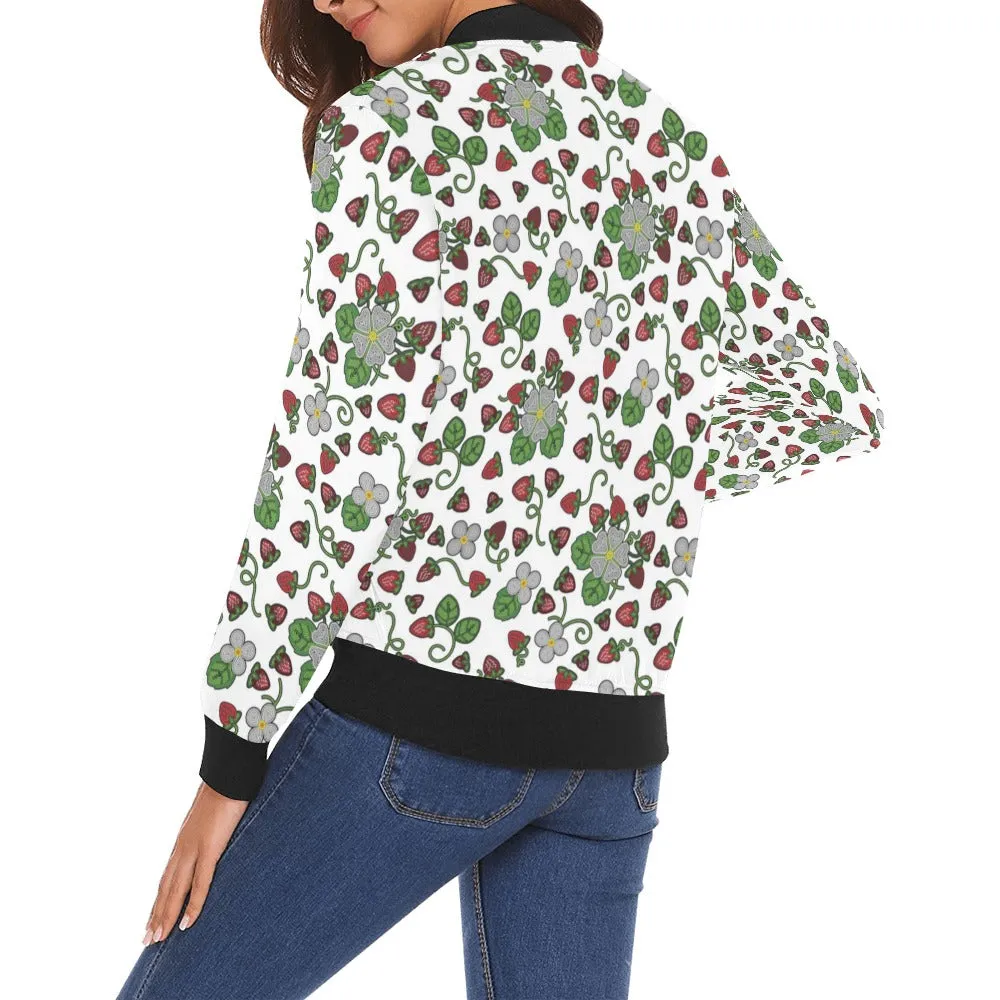 Strawberry Dreams White All Over Print Bomber Jacket for Women