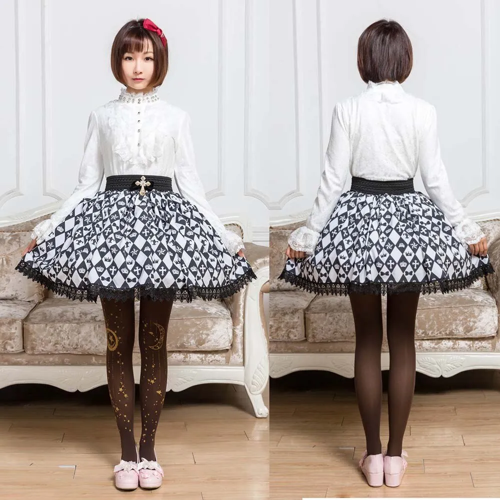 Sweet Mori Girl Black and White Diamond Checkered Short Skirt for Summer