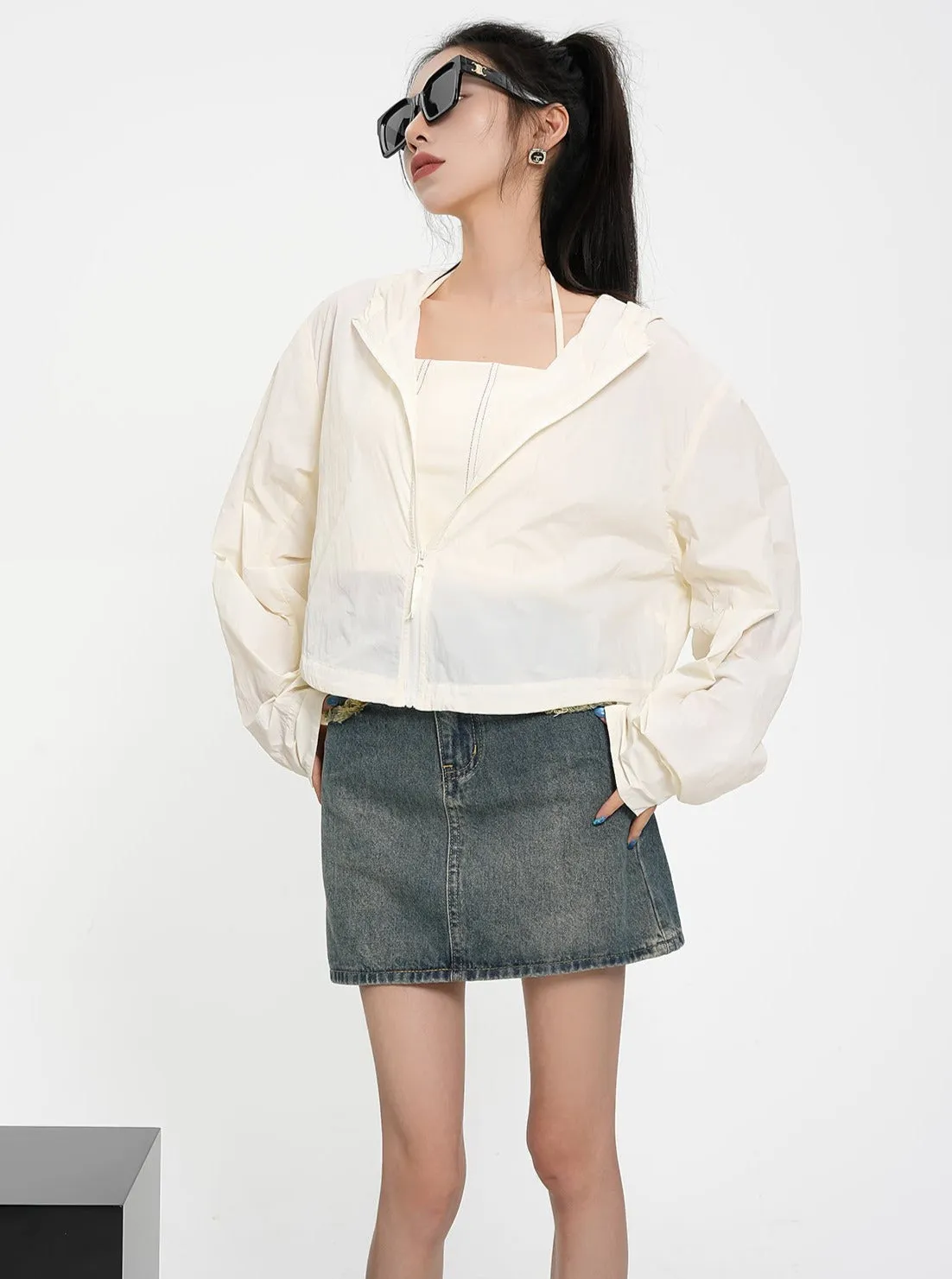 Textured Contrast Duo: Ivory Puff-Sleeve Crop Blouse & Black Quilted Bomber Jacket Set