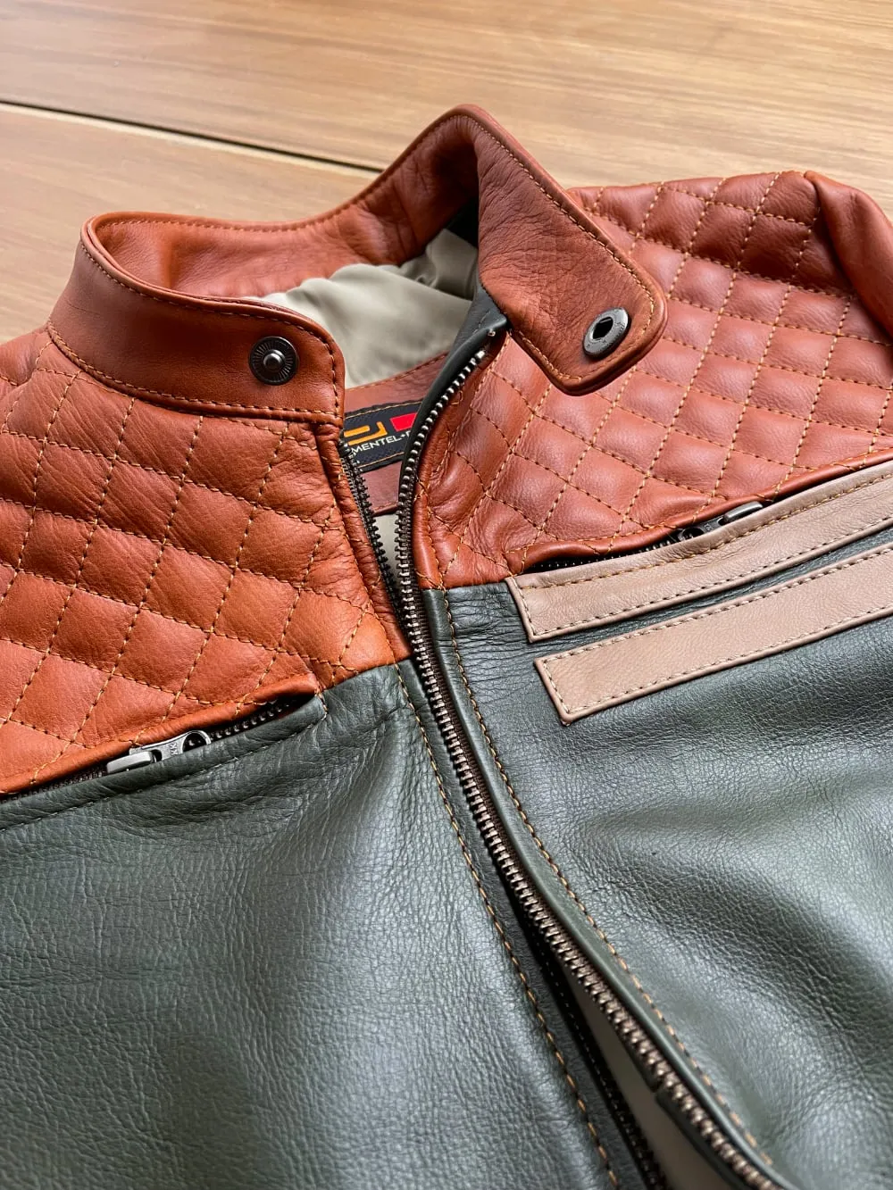 THE MASON Leather Jacket in Contrasted Amber & Green with Beige Stripes - Quilted