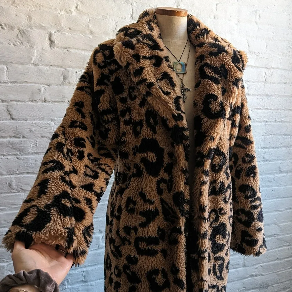 Urban Outfitters Leopard Print Faux Fur Trench Coat Shaggy Groovy Retro Jacket