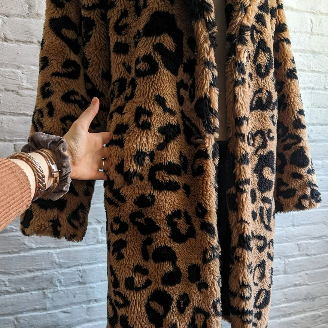 Urban Outfitters Leopard Print Faux Fur Trench Coat Shaggy Groovy Retro Jacket