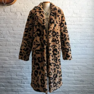 Urban Outfitters Leopard Print Faux Fur Trench Coat Shaggy Groovy Retro Jacket