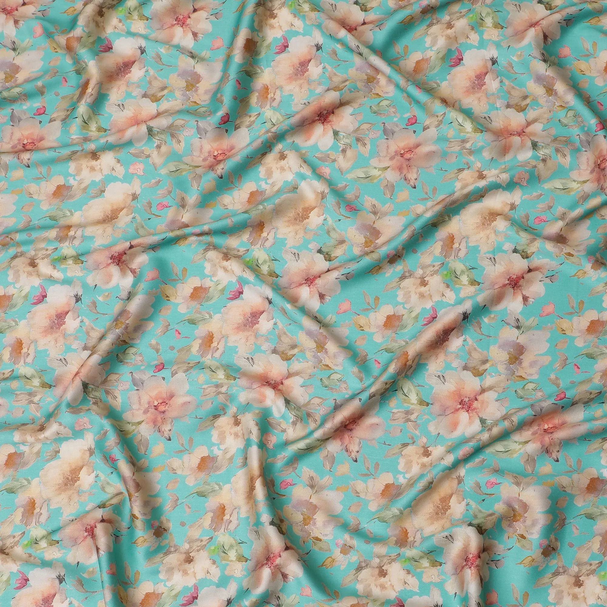 Vibrant Turquoise with Soft Floral Cotton Satin Fabric, 110 cm Width-20074