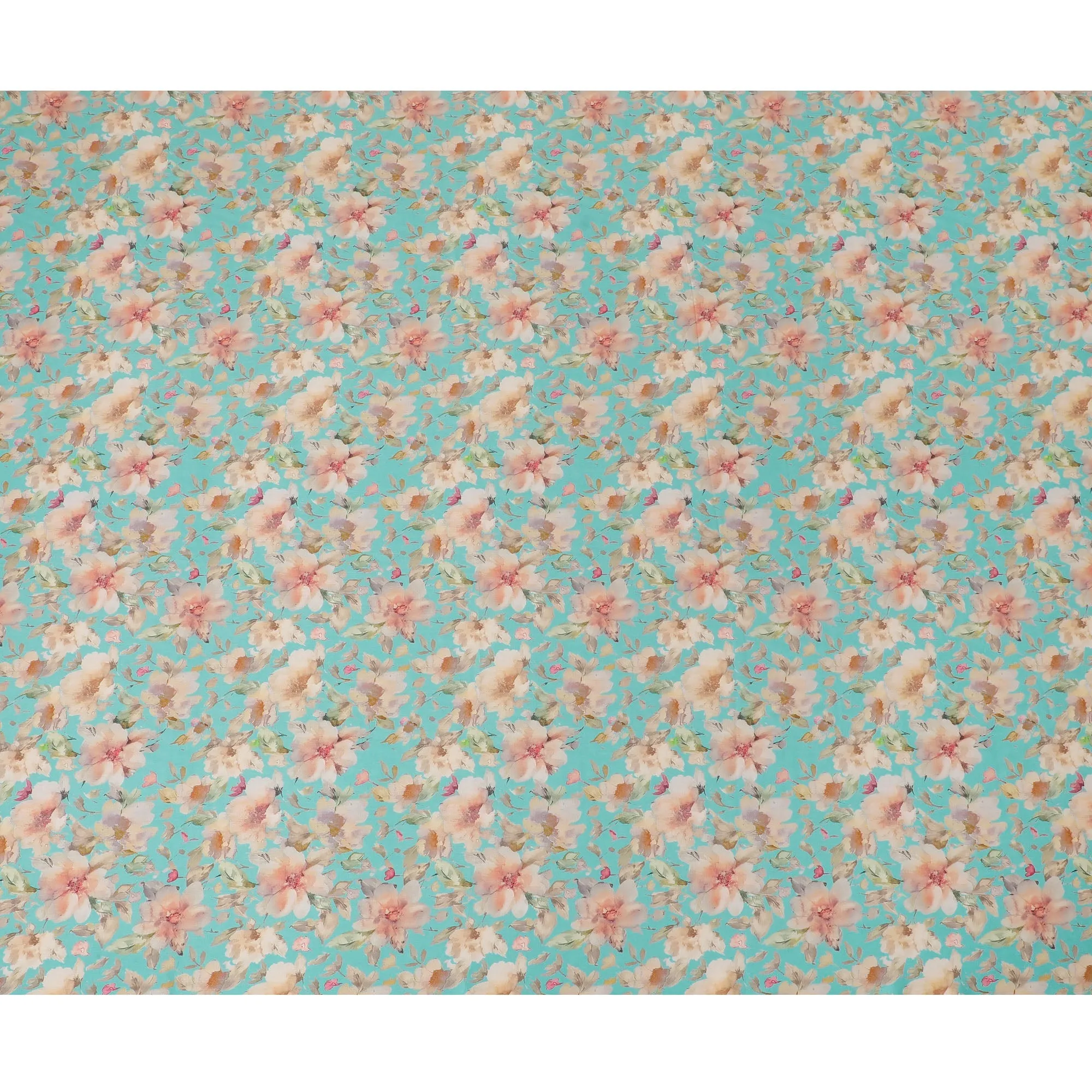 Vibrant Turquoise with Soft Floral Cotton Satin Fabric, 110 cm Width-20074