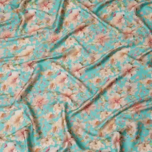 Vibrant Turquoise with Soft Floral Cotton Satin Fabric, 110 cm Width-20074