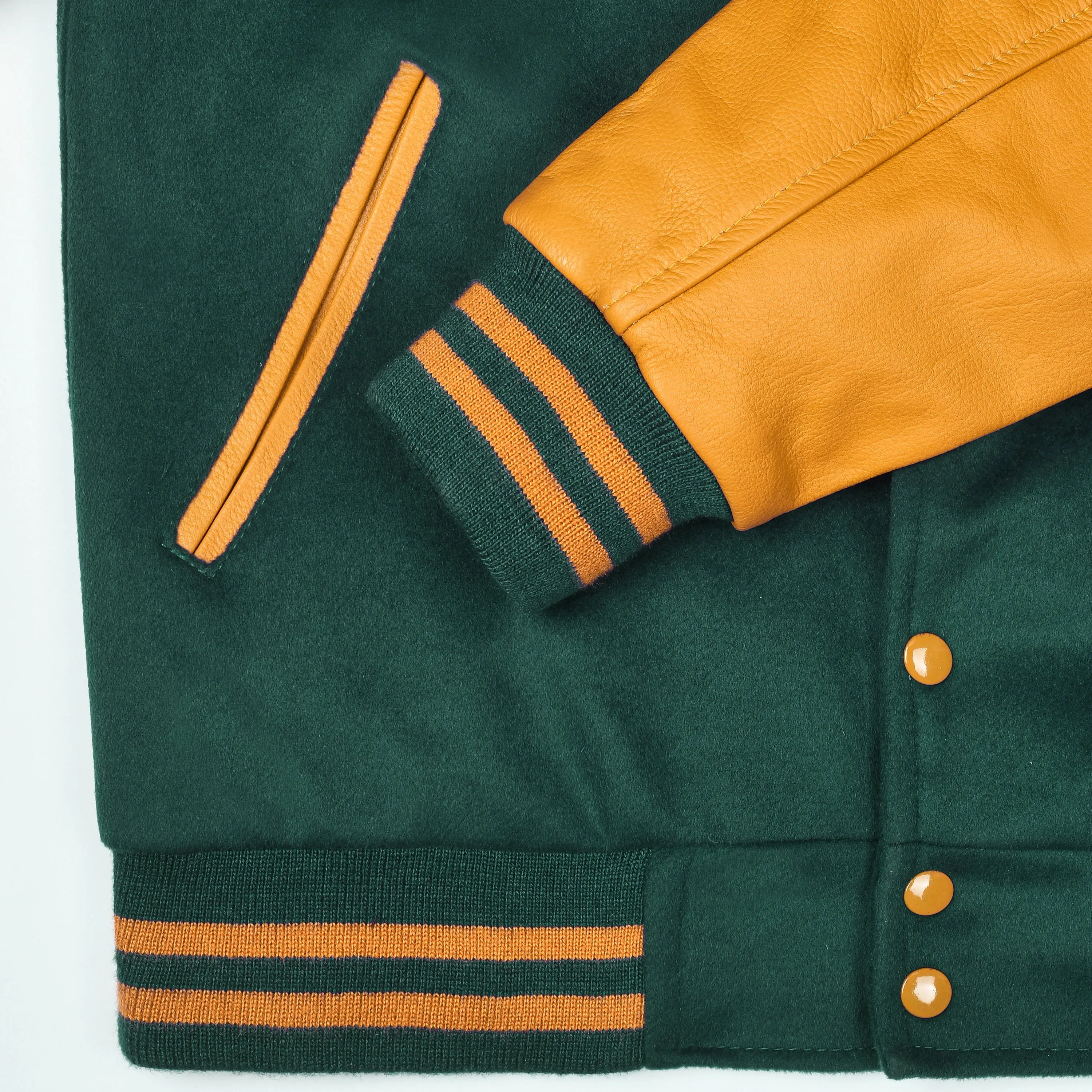 Warrior Gears Classic Hybrid Varsity Jacket University Letterman Bomber Jacket, Pure Wool & Original Cowhide Leather Jacket, Green Pure Wool Body & Goldish Yellow Real Leather Sleeves