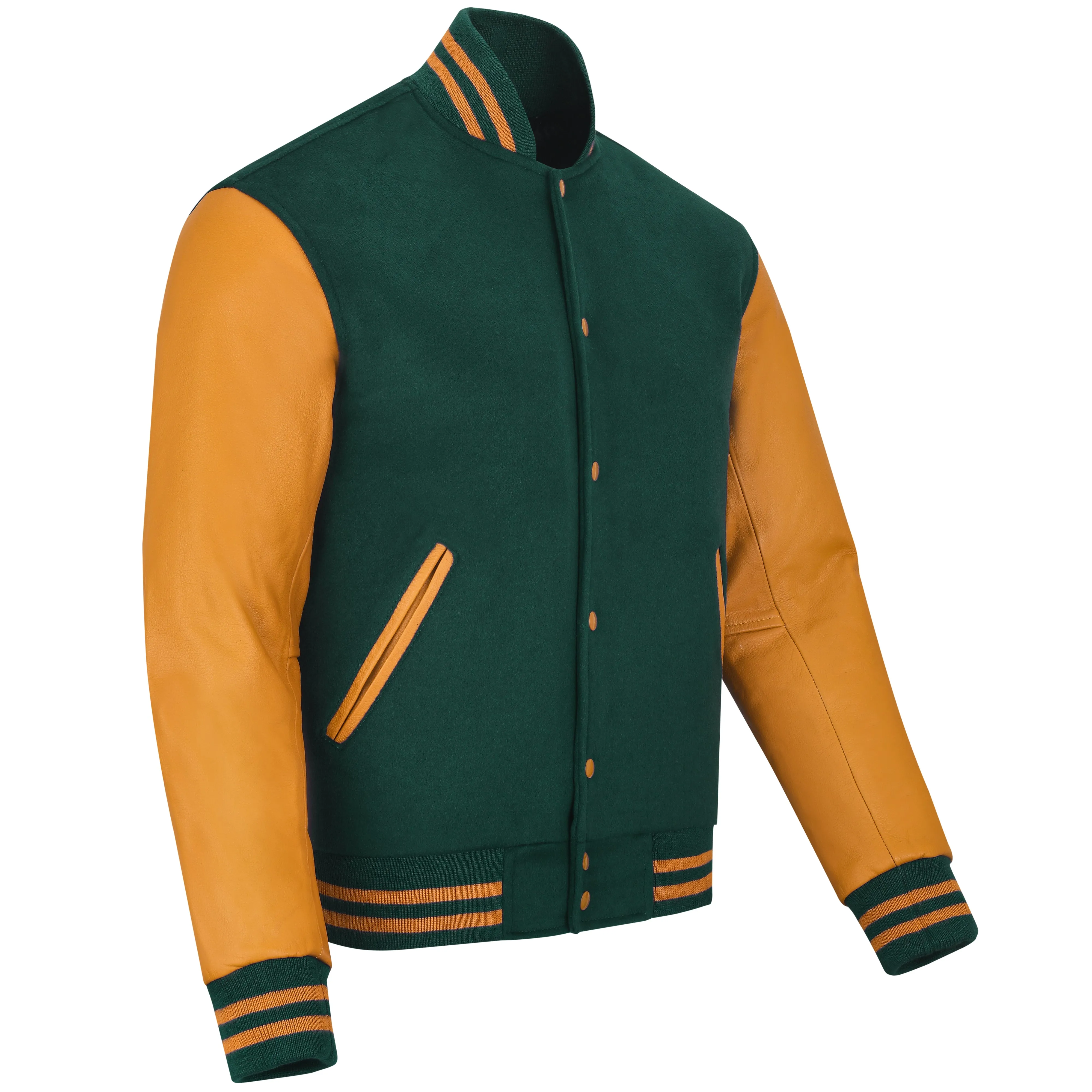 Warrior Gears Classic Hybrid Varsity Jacket University Letterman Bomber Jacket, Pure Wool & Original Cowhide Leather Jacket, Green Pure Wool Body & Goldish Yellow Real Leather Sleeves