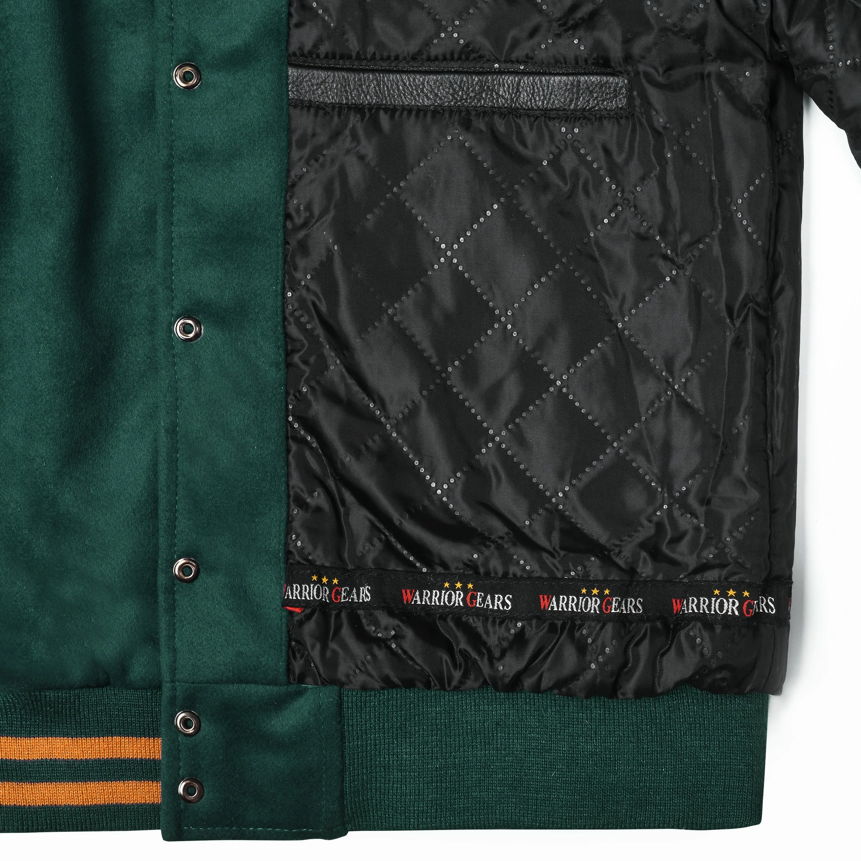 Warrior Gears Classic Hybrid Varsity Jacket University Letterman Bomber Jacket, Pure Wool & Original Cowhide Leather Jacket, Green Pure Wool Body & Goldish Yellow Real Leather Sleeves