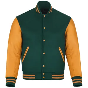 Warrior Gears Classic Hybrid Varsity Jacket University Letterman Bomber Jacket, Pure Wool & Original Cowhide Leather Jacket, Green Pure Wool Body & Goldish Yellow Real Leather Sleeves