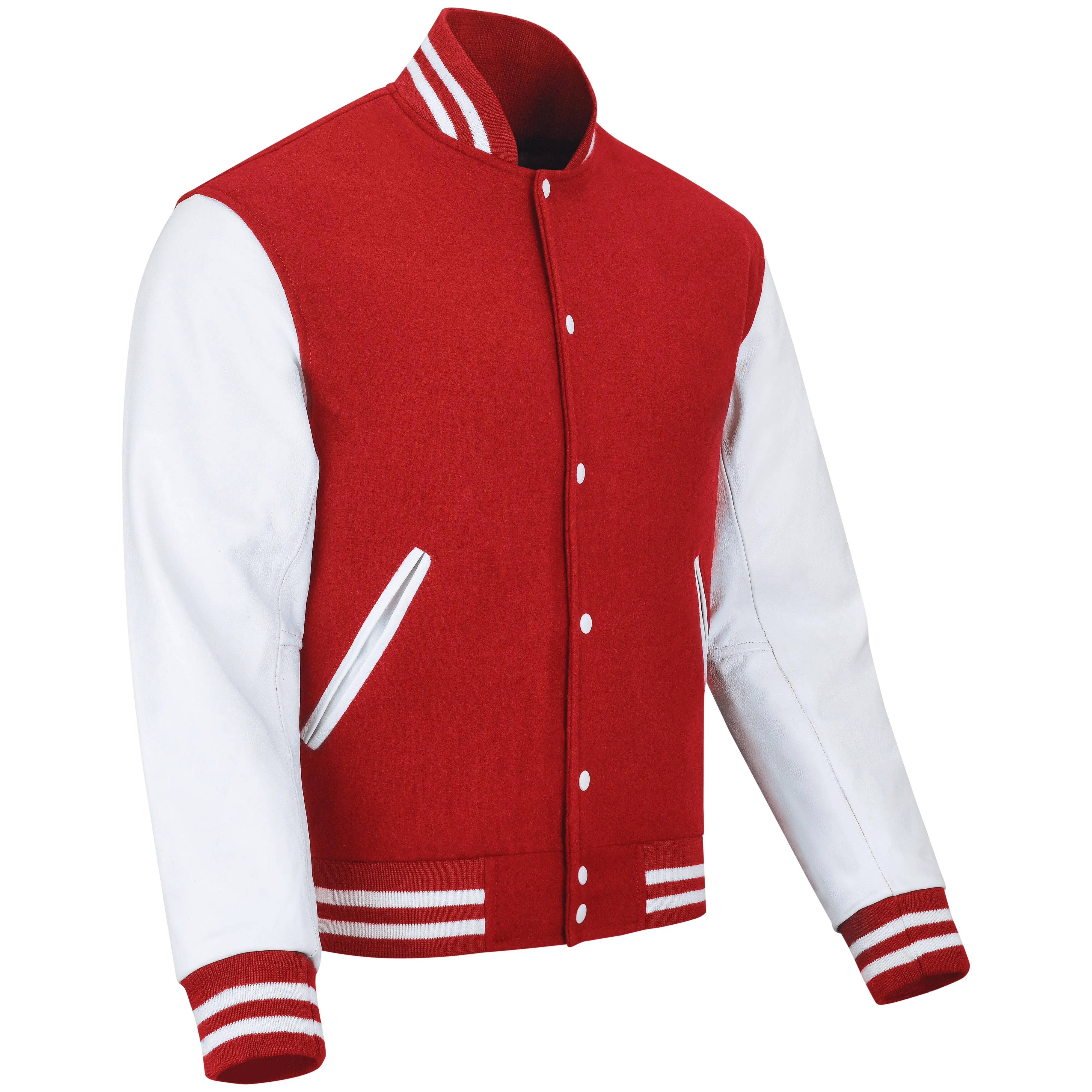 Warrior Gears Classic Hybrid Varsity Jacket University Letterman Bomber Jacket, Pure Wool & Original Cowhide Leather Jacket, Red Pure Wool Body & White Real Leather Sleeves