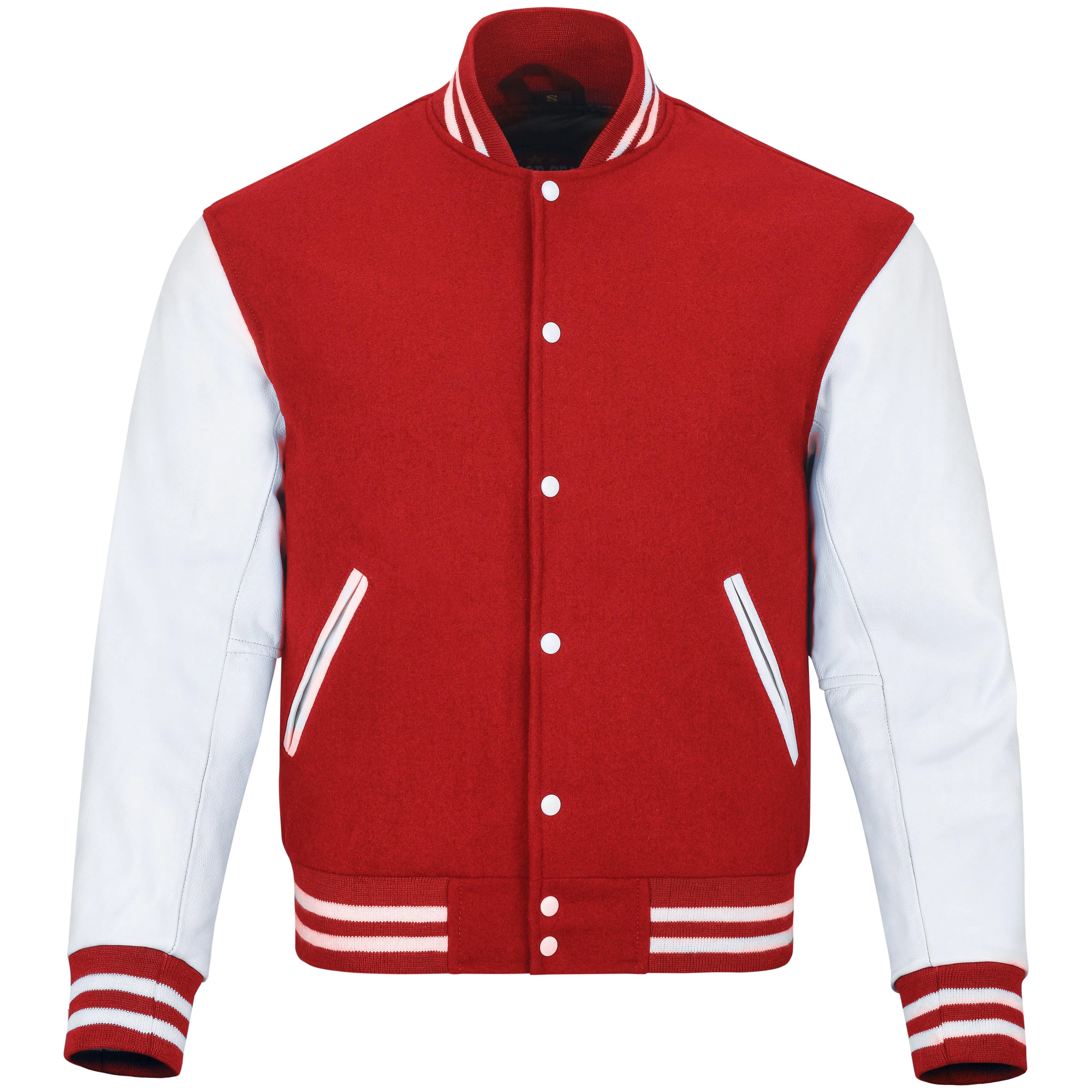 Warrior Gears Classic Hybrid Varsity Jacket University Letterman Bomber Jacket, Pure Wool & Original Cowhide Leather Jacket, Red Pure Wool Body & White Real Leather Sleeves