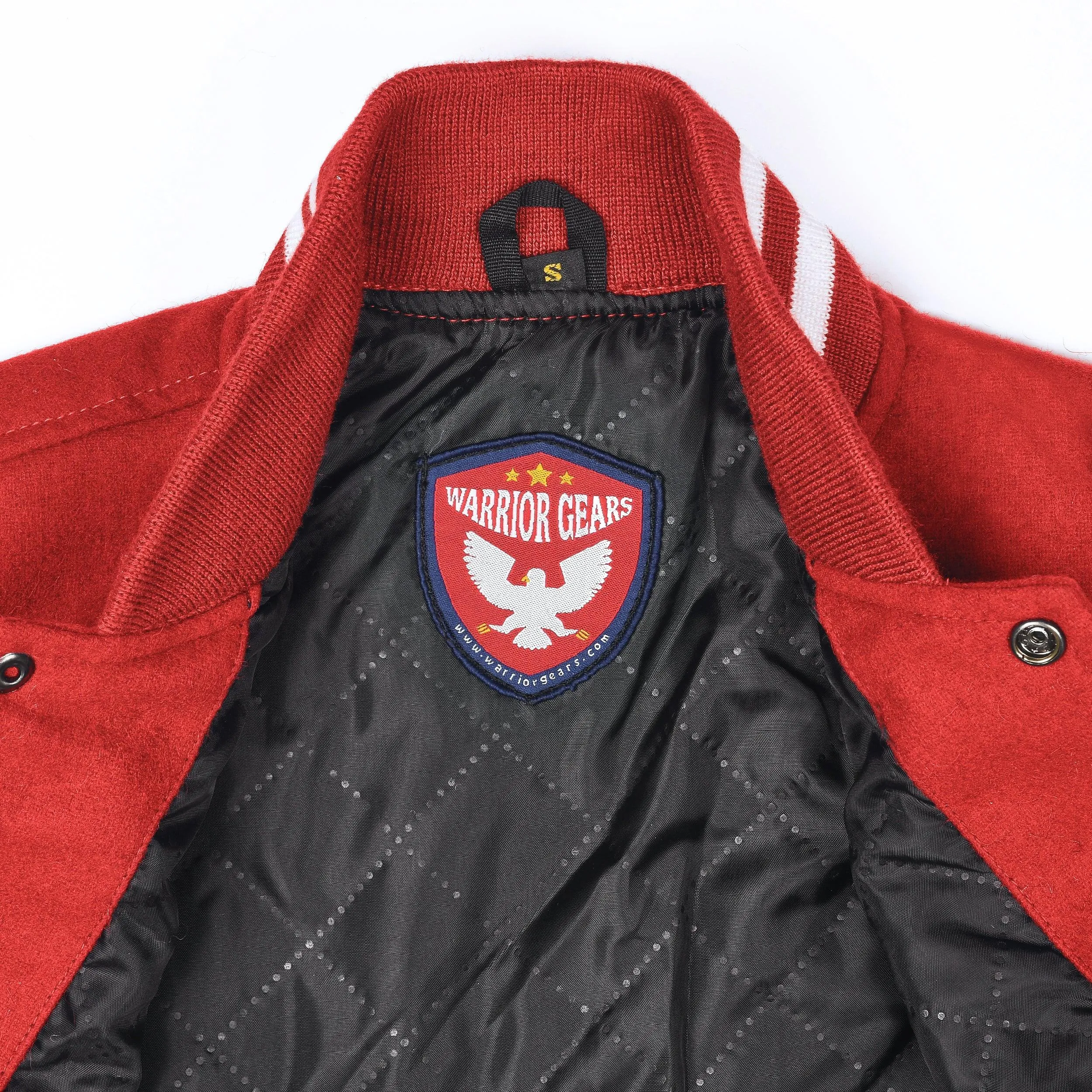 Warrior Gears Classic Hybrid Varsity Jacket University Letterman Bomber Jacket, Pure Wool & Original Cowhide Leather Jacket, Red Pure Wool Body & White Real Leather Sleeves