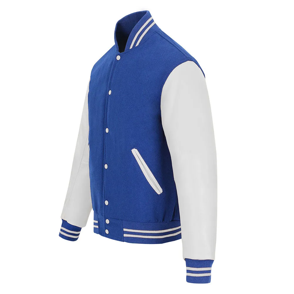 Warrior Gears Classic Hybrid Varsity Jacket University Letterman Bomber Jacket, Pure Wool & Original Cowhide Leather Jacket, Royal Blue Pure Wool Body & White Real Leather Sleeves