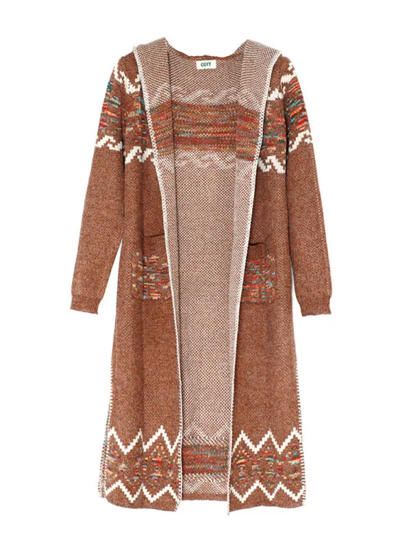 Women's Colour Thread Knitted Print Longline Cardigan With Hood