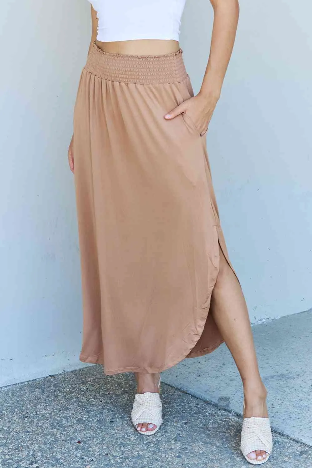 Women's Doublju Comfort Princess Full Size High Waist Scoop Hem Maxi Skirt in Tan