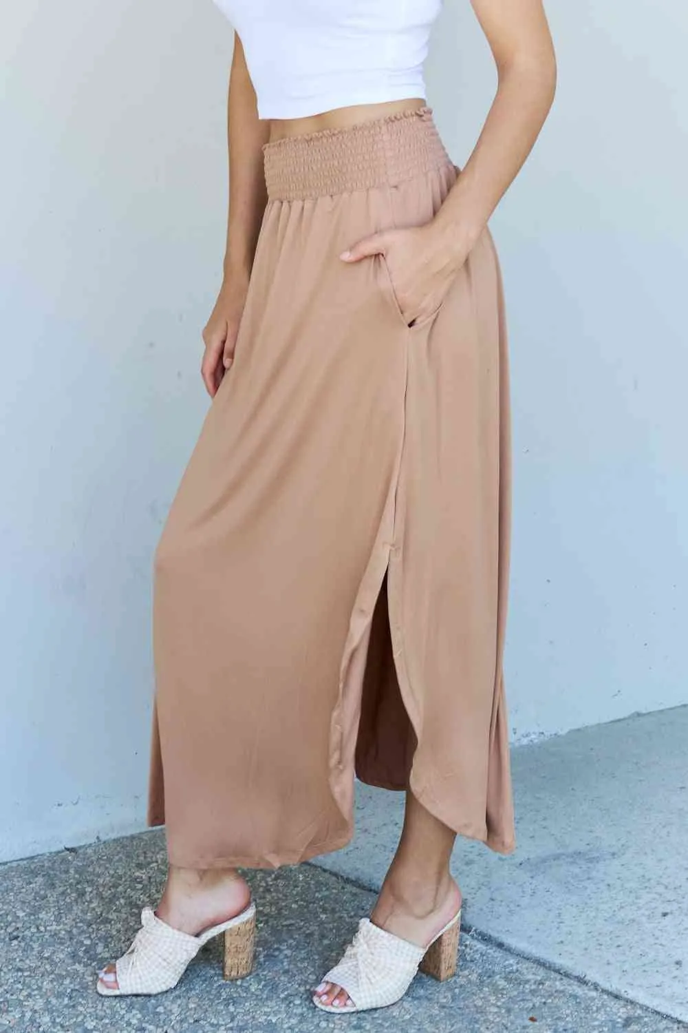 Women's Doublju Comfort Princess Full Size High Waist Scoop Hem Maxi Skirt in Tan